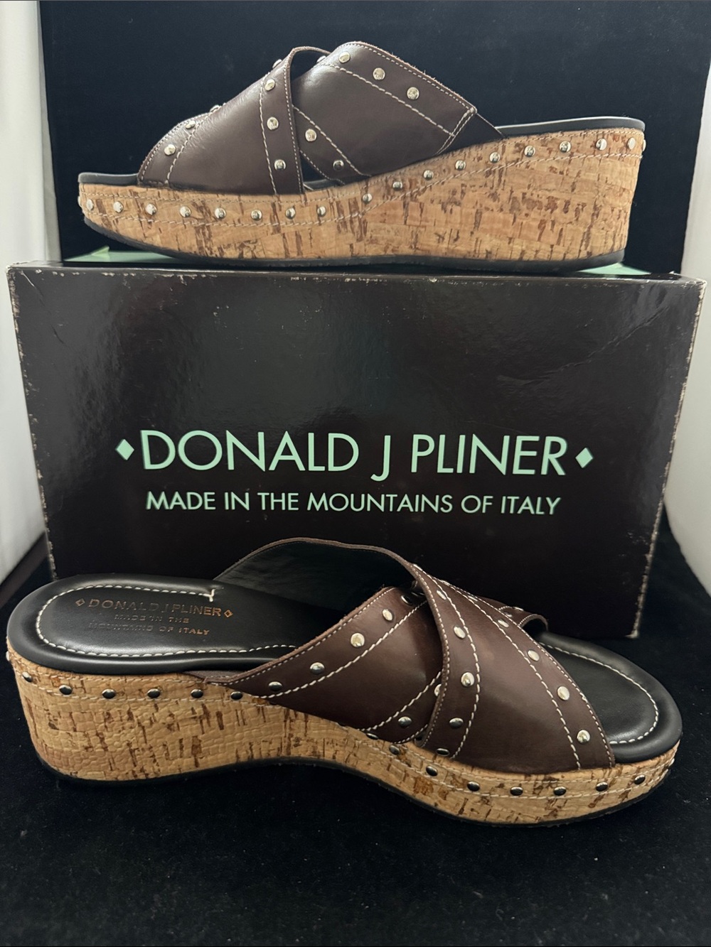 DONALD J. PLINER “Syra” Brown Leather Studded Cork Wedge Sandals - Size 9M